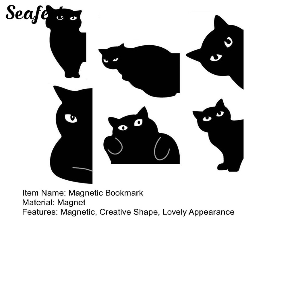 Bộ 6 Thẻ Đánh Dấu Trang Sách Hình Mèo Đen Đáng Yêu Có Thể Tái Sử Dụng