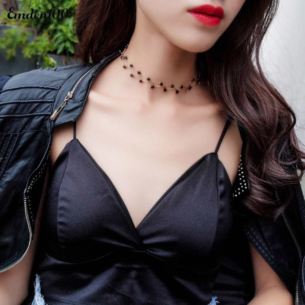 Vòng Cổ Choker Gắn Hạt Đen Gợn Sóng Thời Trang Cho Nữ