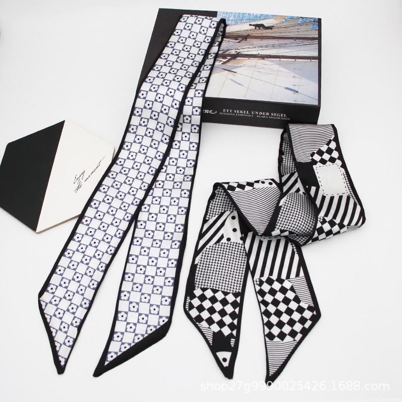 Khăn Quàng Cổ Dài Thắt Nơ Ruy Băng Đen Trắng Bằng Lụa