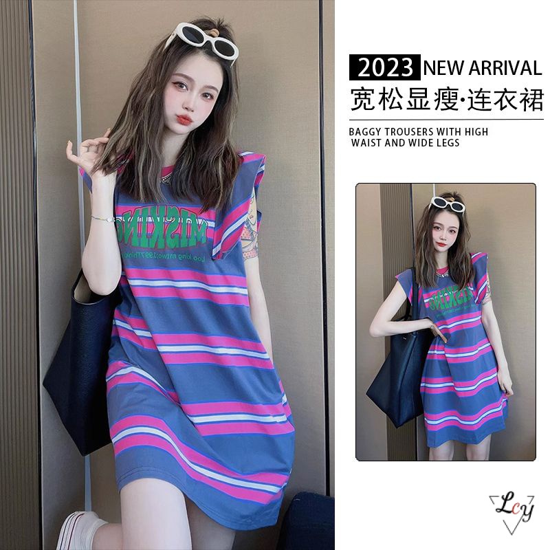 Đầm Thun Ngắn Tay Size Lớn Họa Tiết Kẻ Sọc Màu Sắc Tương Phản Phong Cách Hàn Quốc Thời Trang Mùa Hè Cho Nữ mm150kg