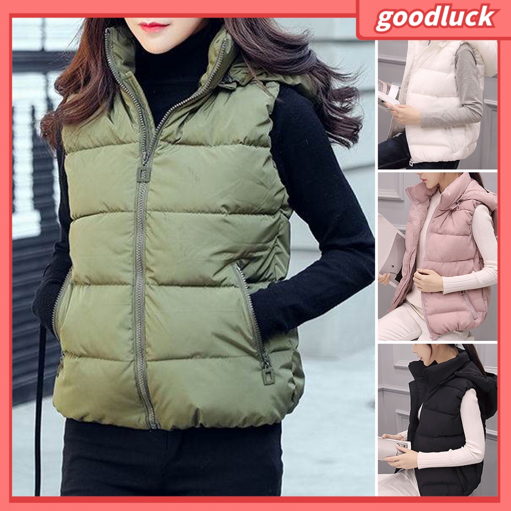 Áo Khoác Ghi Lê Không Tay Cổ Đứng Có Túi Dây Kéo Và Mũ Cotton Giữ Ấm Mùa Đông Màu Trơn Có Thể Tháo Rời Cho Nữ