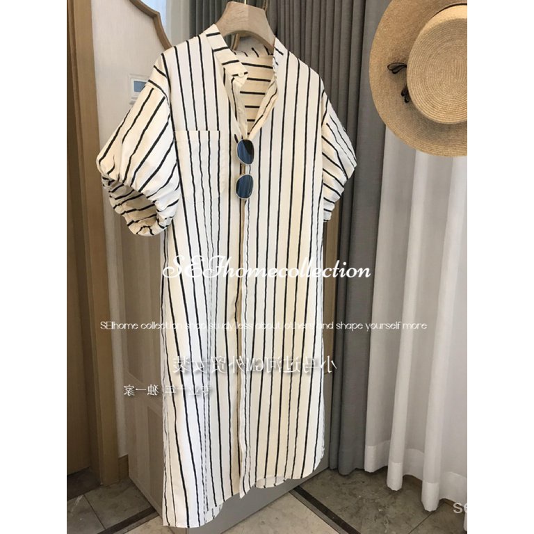 fat mm extra large size European striped shirt dress summer loose slimming straight mid-length dress for women