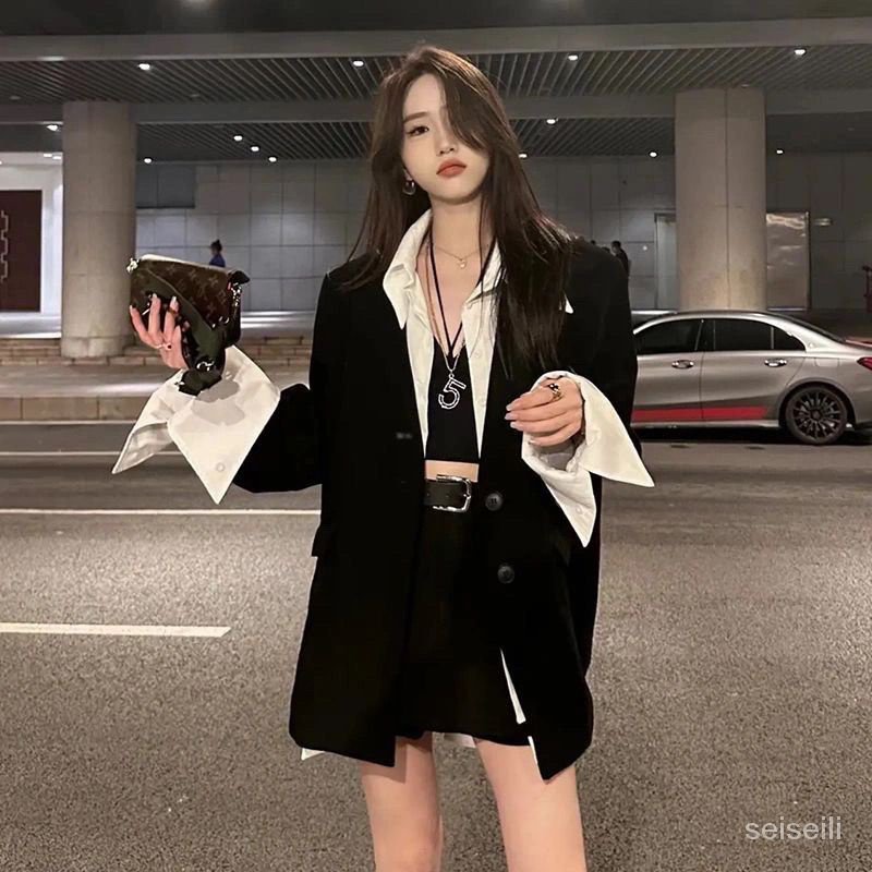 Two-piece suit Korean style women's new stitching fake two-piece suit jacket belt stitching skirt pants ins style suit