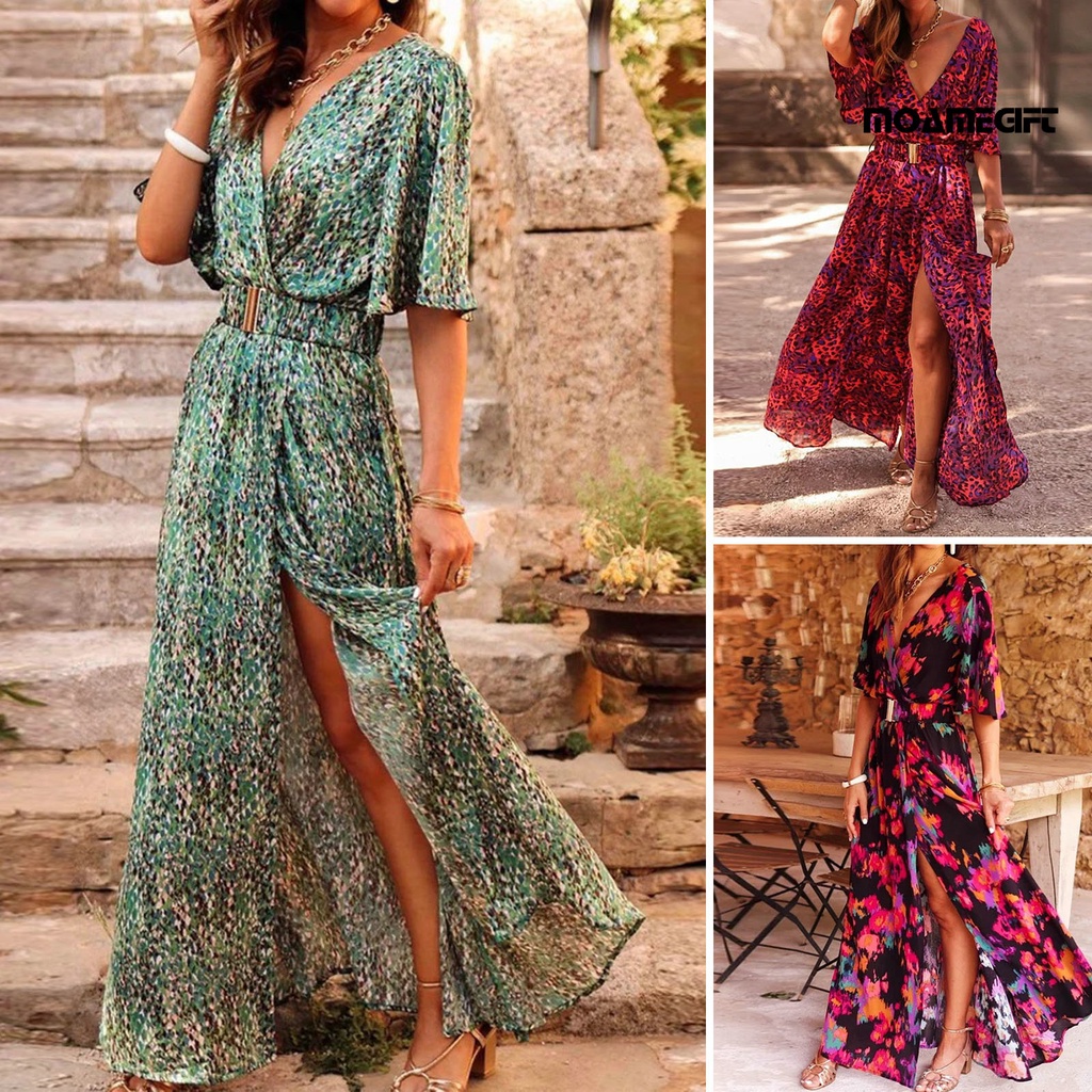 Đầm Maxi Ôm Eo Tay Ngắn Cổ Chữ V Xẻ Tà In Họa Tiết Da Báo Phong Cách Vintage Mùa Xuân Hè Cho Nữ