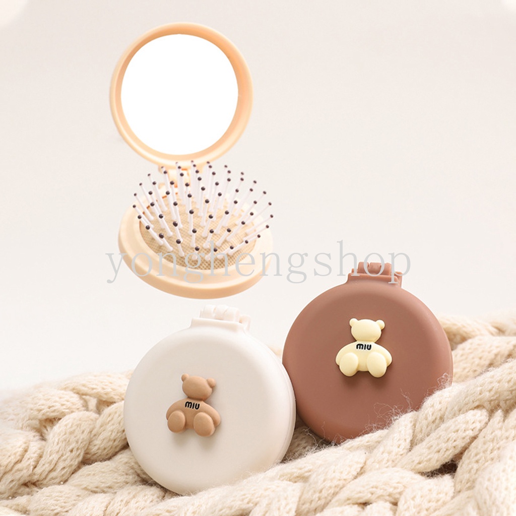 Lược Chải Tóc Mini Chống Tĩnh Điện Có Gương Soi Hình Gấu Hoạt Hình Dễ Thương Có Thể Gập Lại Cho Bé Gái