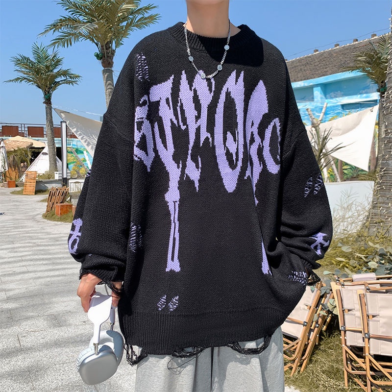 Áo sweater Dệt Kim Dài Tay Dáng Rộng In Chữ Phong Cách hip hop Đường Phố Mỹ Thời Trang Cho Nam Và Nữ Magee