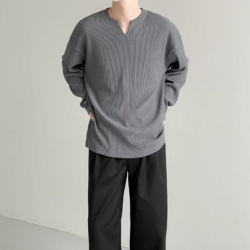 Áo len dệt kim HANLU dài tay kẻ sọc thiết kế giản dị cho nam