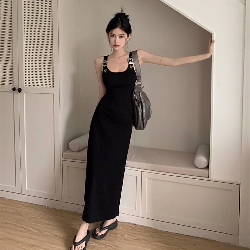 Bán Chạy✨Đầm Hai Dây Dáng Chữ a Dài Xẻ Tà Eo Hẹp Màu Đen Thời Trang Mùa Hè Phong Cách Mỹ Cho Nữ