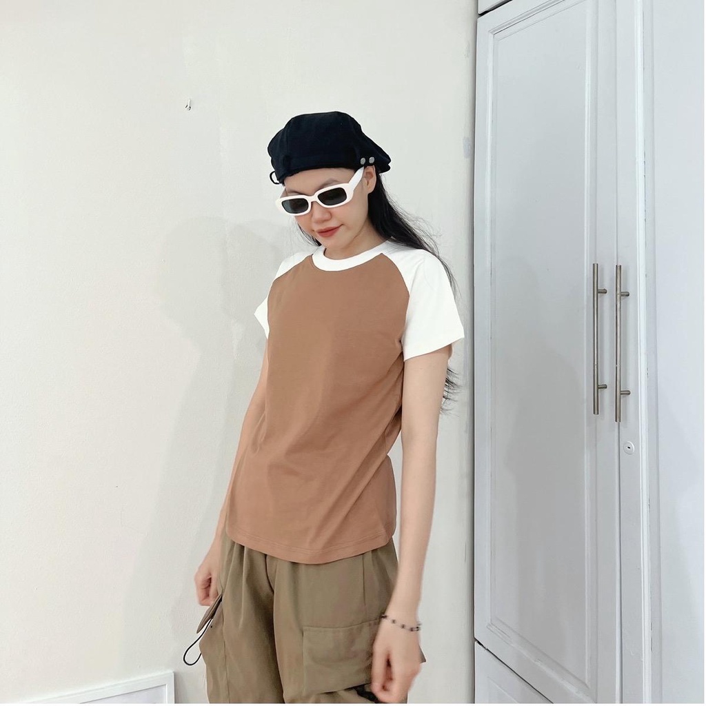 Baby tee raglan trơn basic áo thun phối màu chất cotton