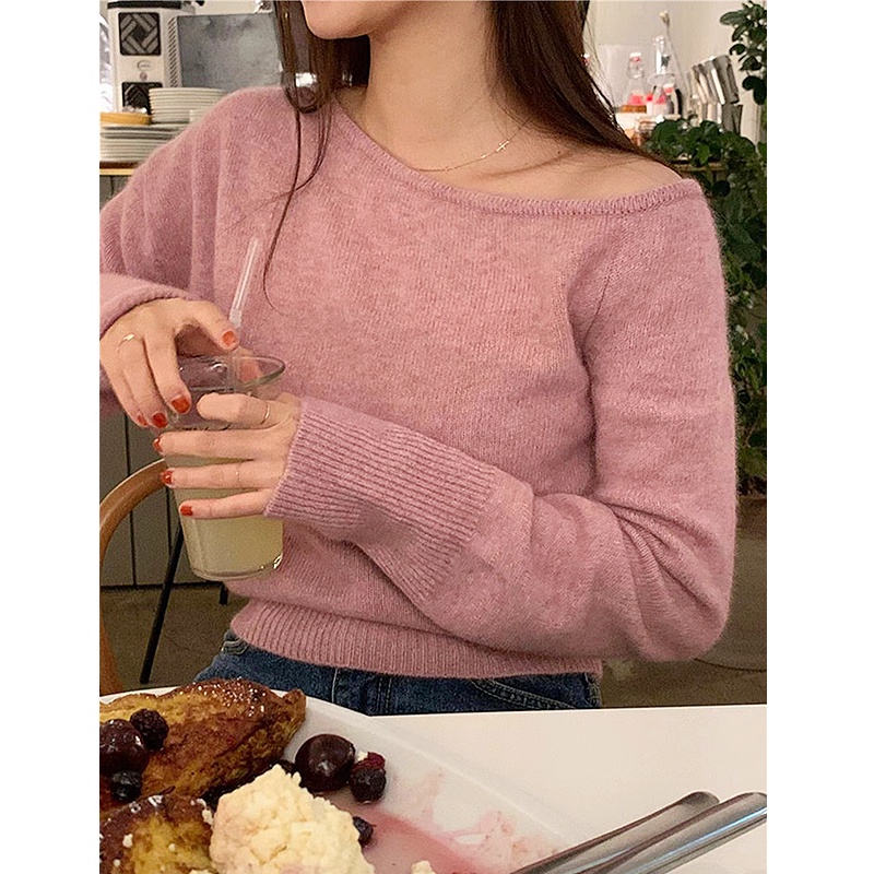 Papv korea chic niche sexy one line collar áo len quây 394