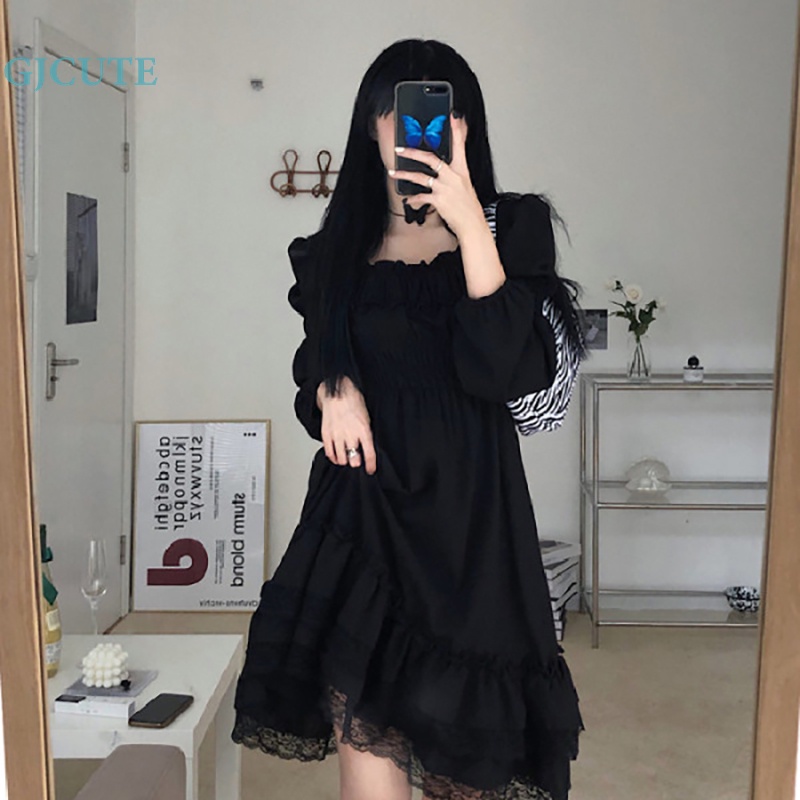 Đầm Ren Cổ Vuông Màu Đen Phong Cách Lolita Dành Cho Nữ