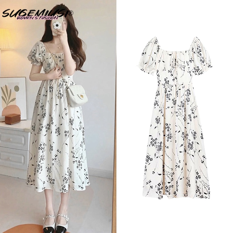 Sugemiusi Đầm Hoa Cổ Vuông Chiết Eo Dáng Dài Phong Cách Pháp Thanh Lịch