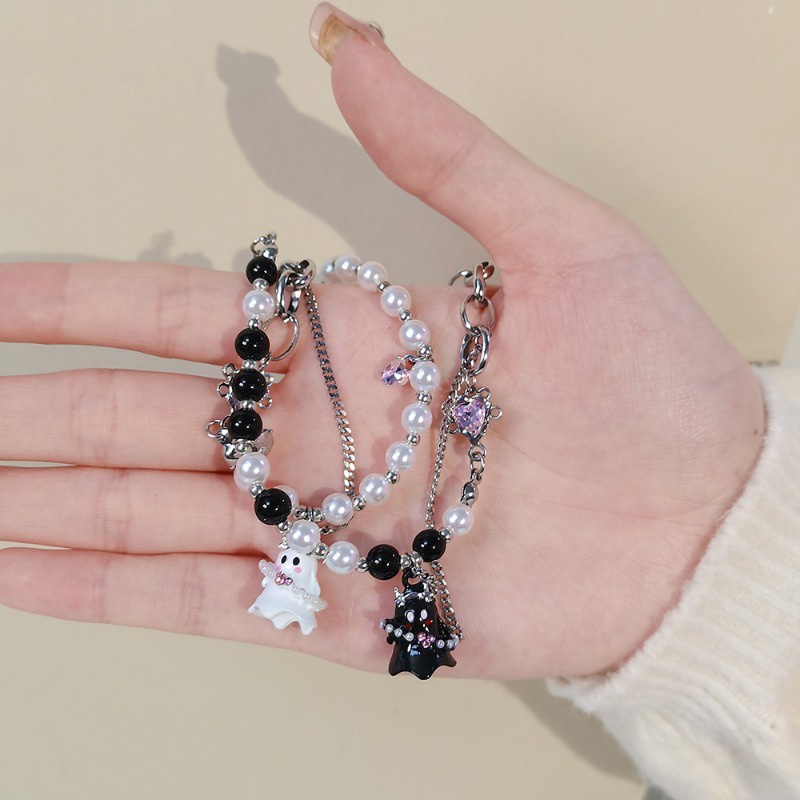 Vòng Tay Chuỗi Hạt Y2K Màu Trắng Đen Đính Hình Ma Dễ Thương Thời Trang Halloween Cho Nam Và Nữ