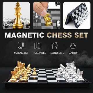 Foldable Travelling Magnetic Silver & Gold Chess & Checkers Set Board Game