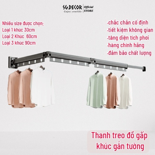 Giá phơi đồ thanh treo quần áo gắn tường thông minh SG.DECOR nhôm cứng gấp khúc tiện lợi móc quần áo căn hộ gia dụng