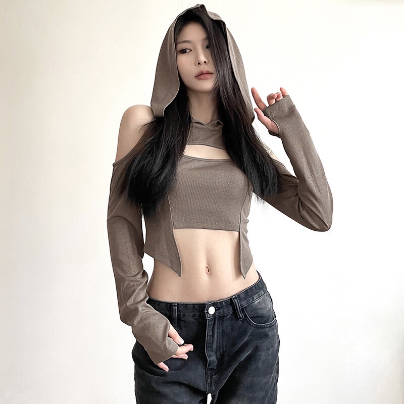 Cổ điển đơn giản đồng bằng không đều thiết kế rỗng-out dài tay áo có mũ trùm đầu t-shirt giản dị slim fit crop top thời trang nữ