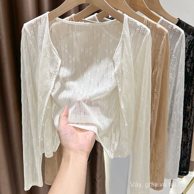 Áo Khoác Cardigan Ren Trắng Tay Dài Chống Nắng Mỏng Điều Hòa Không Khí Kèm Váy Hai Dây Thời Trang Mùa Hè Cho Nữ