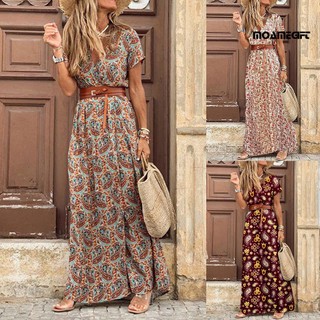 Boho women dress paisley print large hem short sleeve slit hem maxi dress with belt for work
