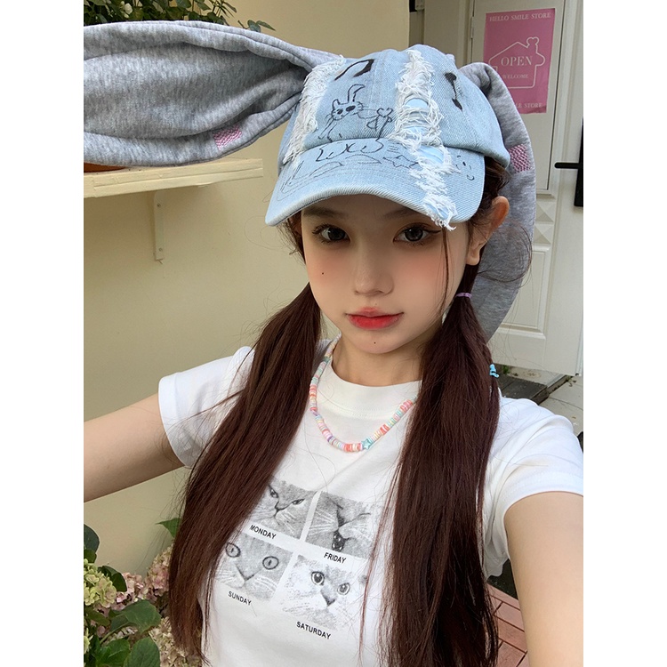 Newjeans cùng phong cách làm bằng tay graffiti bunny cowboy mũ bóng chày mặt nhỏ che nắng chống nắng mũ cao điểm phụ nữ