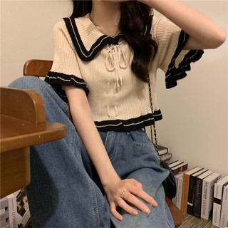 Phụ nữ thời trang mùa xuân xù búp bê cổ đóng đai dệt kim ngắn tay t-shirt