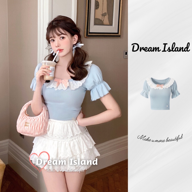 『Dream Island』Áo Thun croptop Tay Ngắn Dáng Ôm Cột Nơ Nhỏ Dễ Thương Thời Trang Cho Bạn Gái
