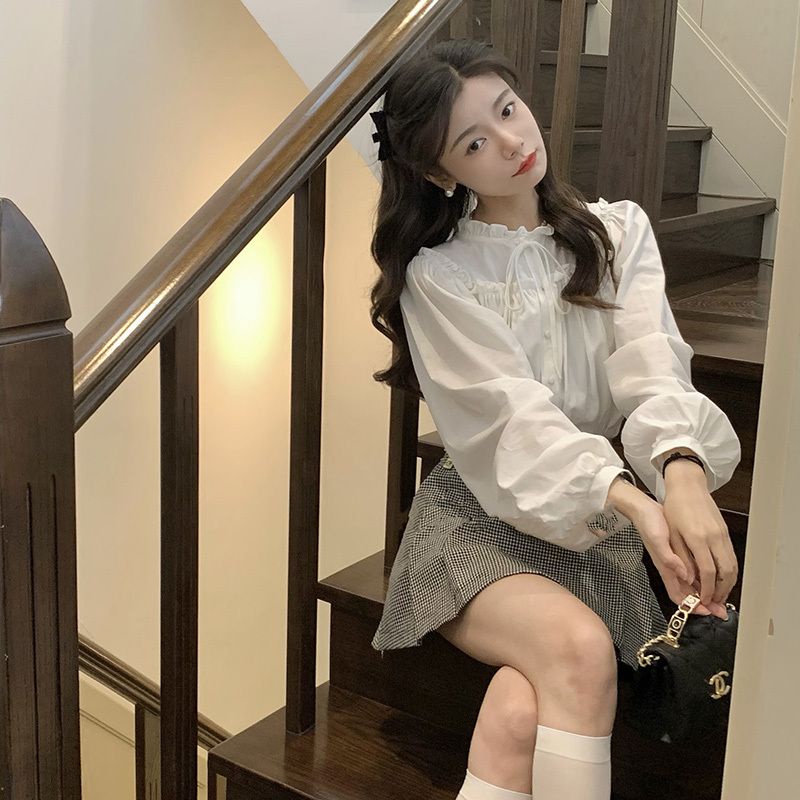 Áo sơ mi nơ pháp của phụ nữ áo sơ mi dưới cùng ren-up màu xanh băng trên