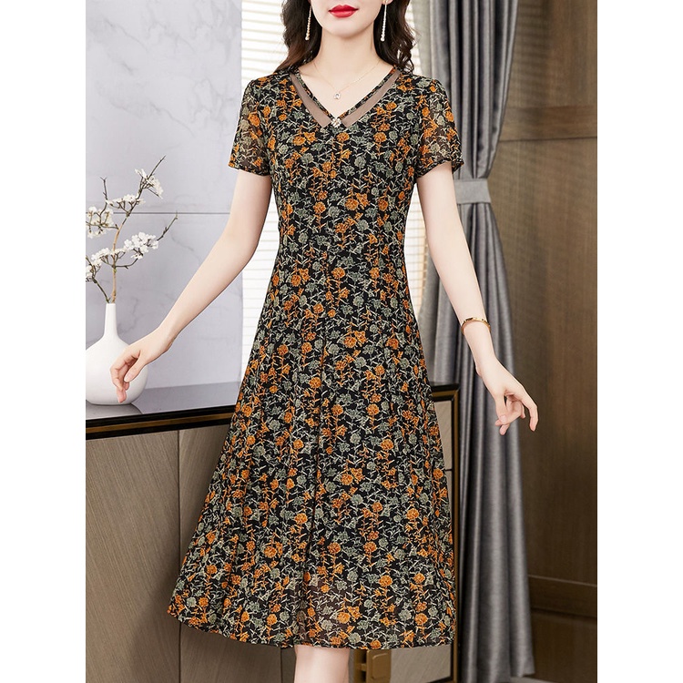 Đầm Tay Ngắn Che Bụng In Hoa Phong Cách Phương Tây Cổ Điển Thời Trang Cho Nữ Trung Niên 2023