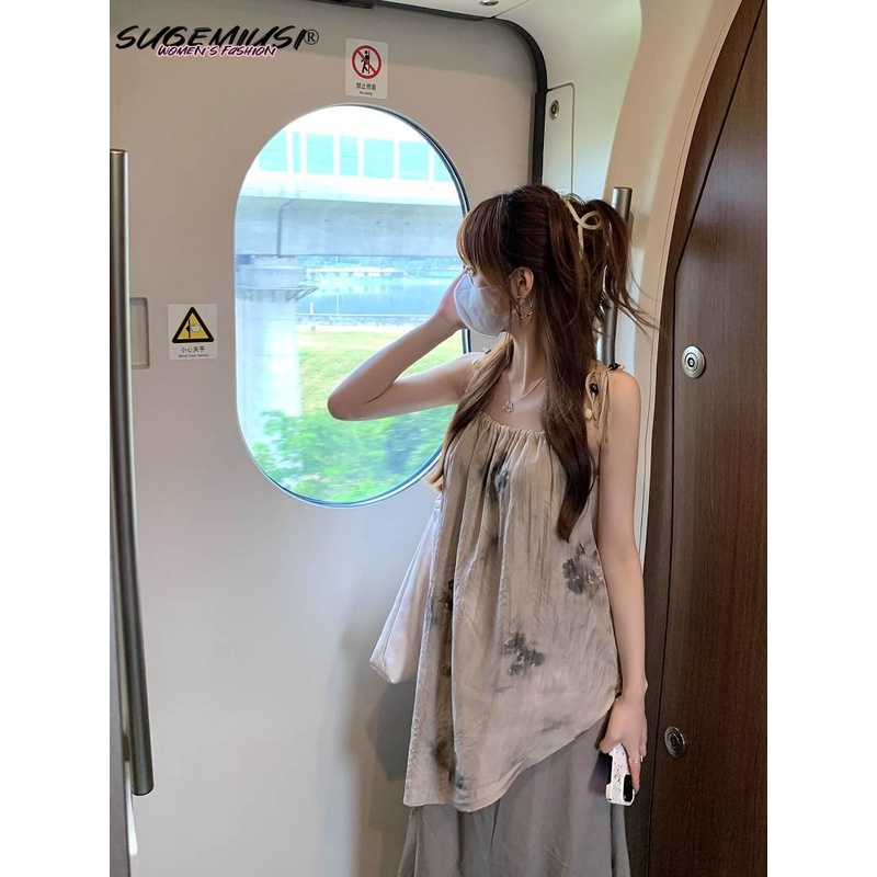 Sugemiusi Đầm Hai Dây Nhuộm Màu Phong Cách Pháp Thời Trang Mùa Hè Cho Nữ