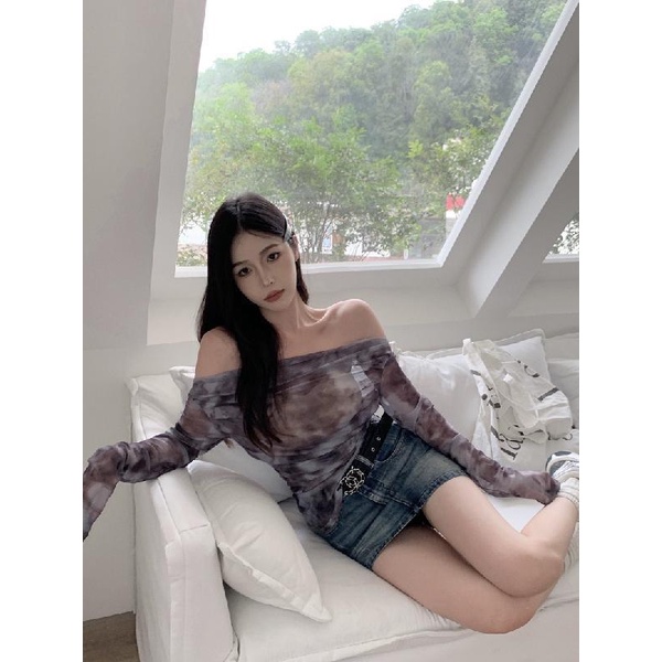 Áo Kiểu Trễ Vai Dài Tay Họa Tiết Màu Nhuộm Phong Cách Pháp Thời Trang