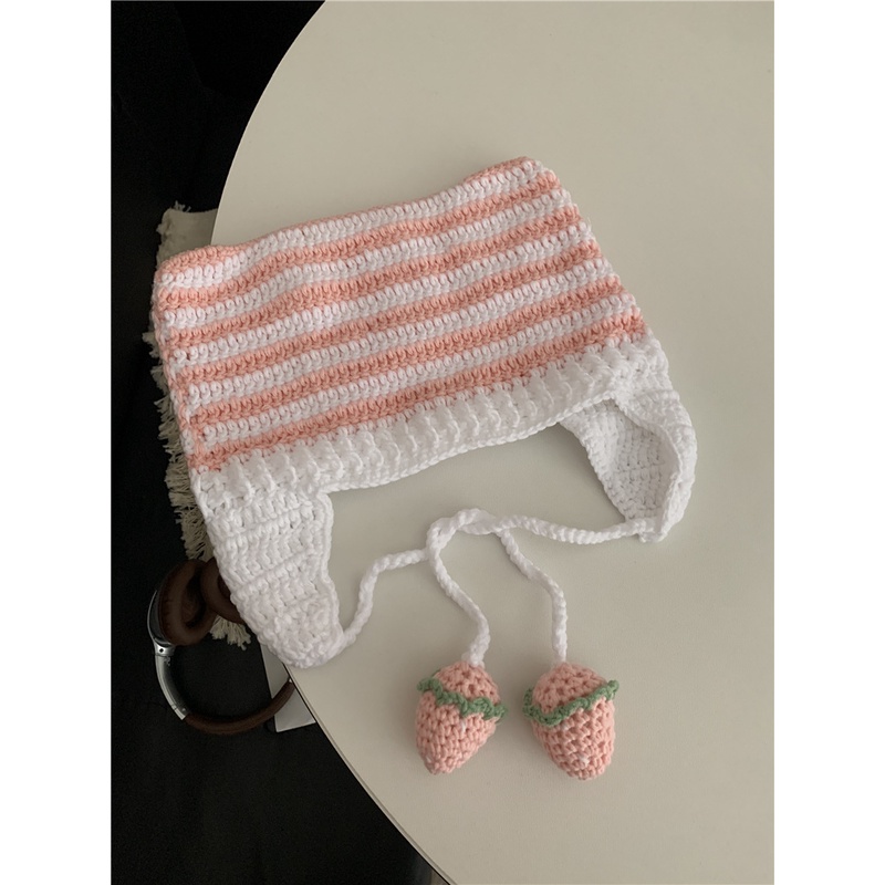 Ya Yabi Mũ Len Dệt Kim Chui Đầu Đính Quả Bông Tròn Kẻ Sọc Thủ Công Phong Cách Yabi Cho Nữ Linna