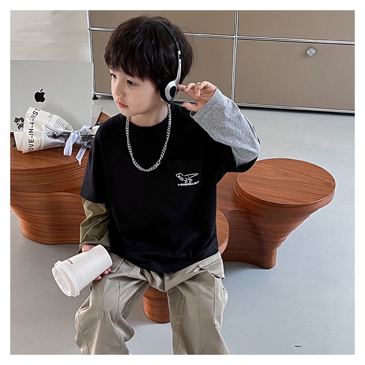 Áo t-shirt trẻ em nhật bản và hàn quốc dài tay in hình khủng long khâu tay áo bé trai dưới cùng