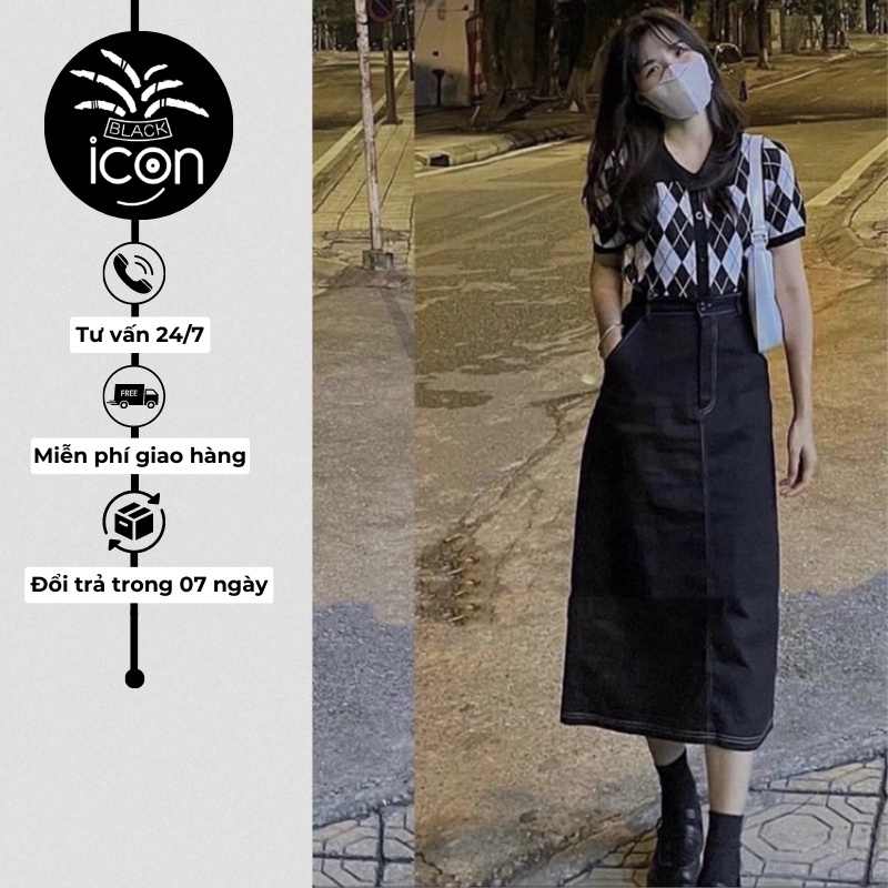 Chân Váy Dài Qua Gối Black Icon KaKi Mix Viền Jean Co Giãn Thoải Mái -TB