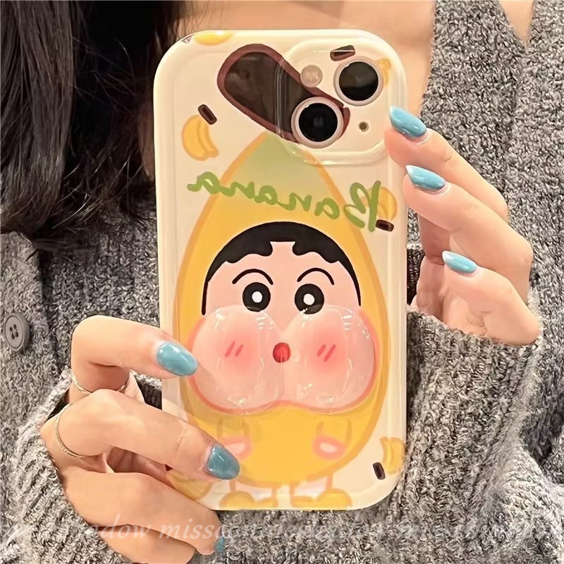 Vui nhộn cá sấu chuối đội đầu phim hoạt hình dễ thương bút chì màu shin-chan vỏ điện thoại tương thích cho iphone xr 12 13 11 14 pro max 6s 7 6 8 plus x xs max se 3d decompression glossy soft cover