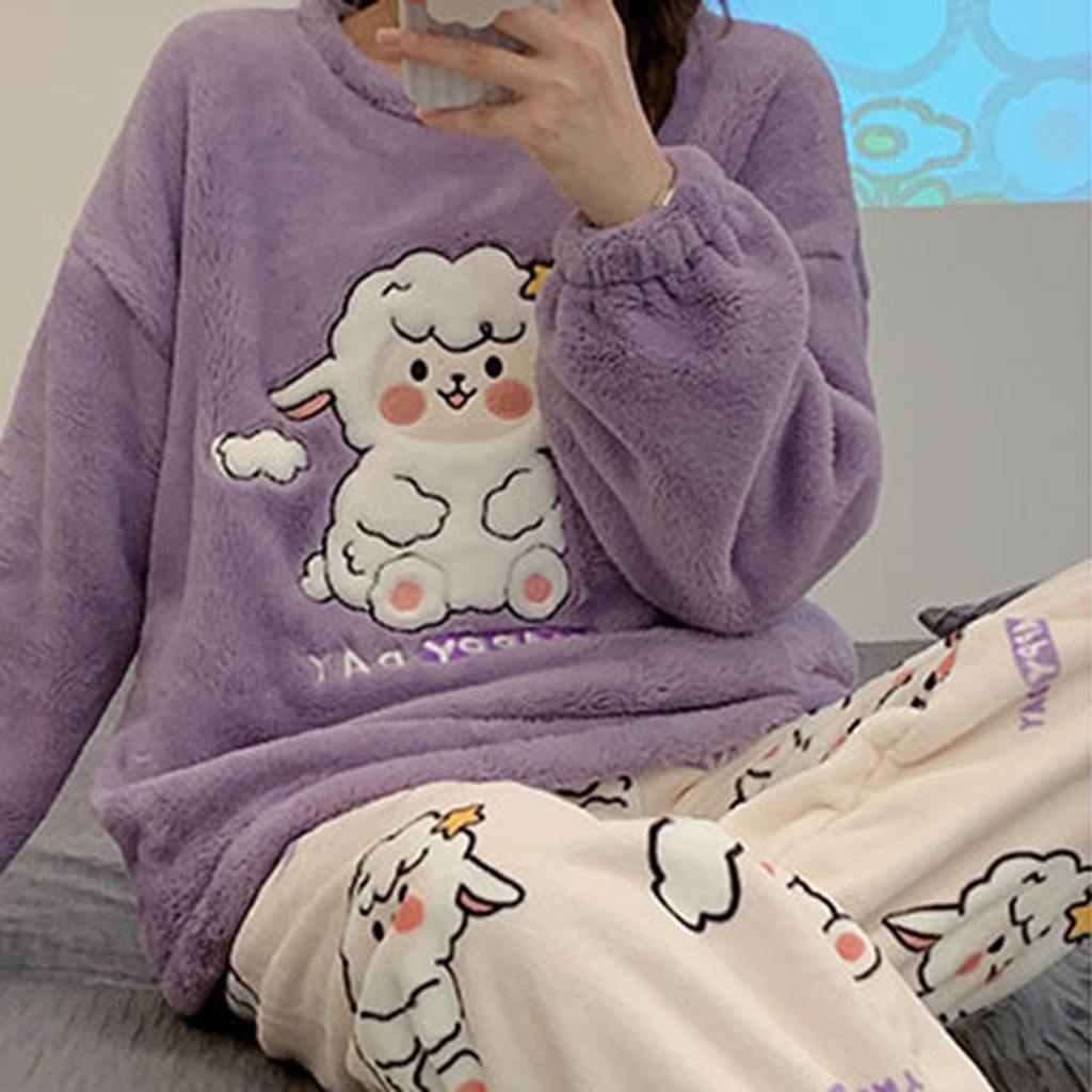 Bộ đồ ngủ nữ fluffy kawaii leisure loose two-piece sleepwear set