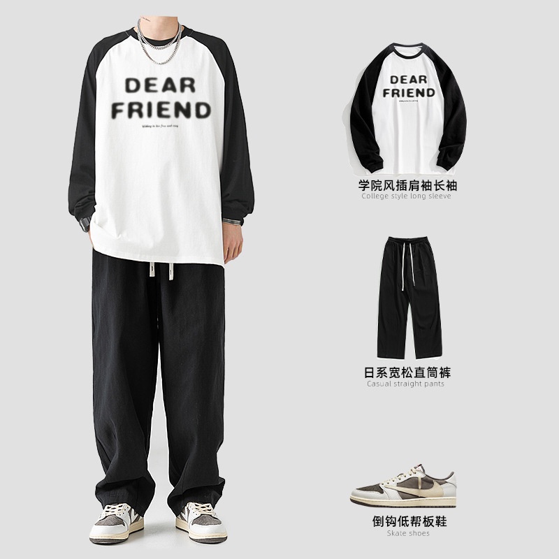 ◐Bộ Áo Thun cotton Tay Dài In Họa Tiết Phối Quần Dài Xếp Ly Thời Trang Xuân Hè Cho Nam