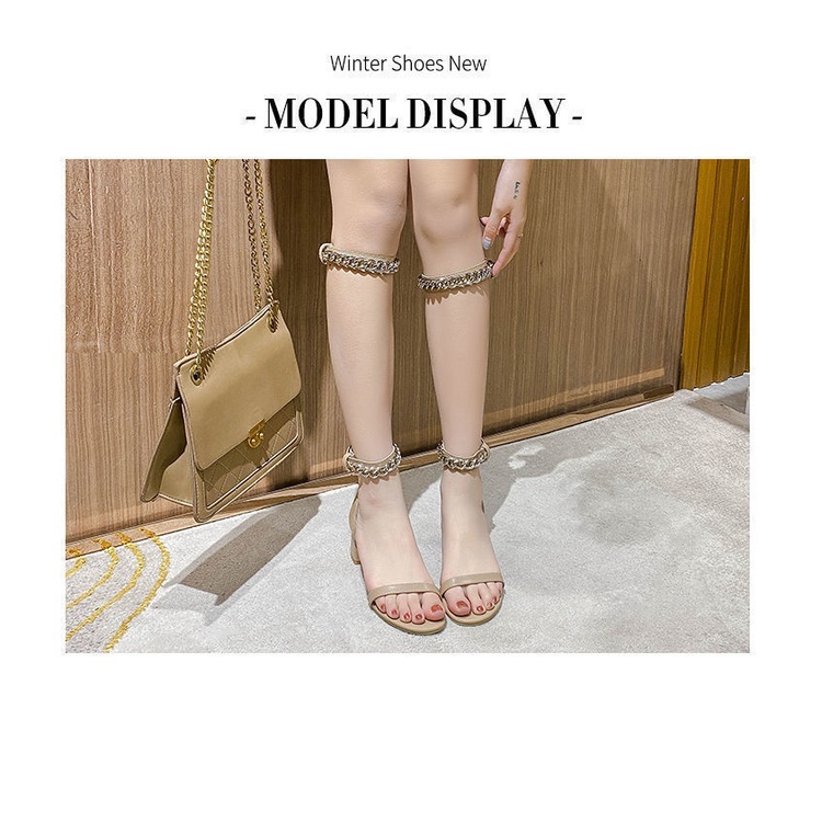 Giày Sandal Cao Gót Cột Dây Phối Xích Kim Loại Thời Trang Mùa Hè 2023 Phong Cách Roman Mới Cho Nữ PX36