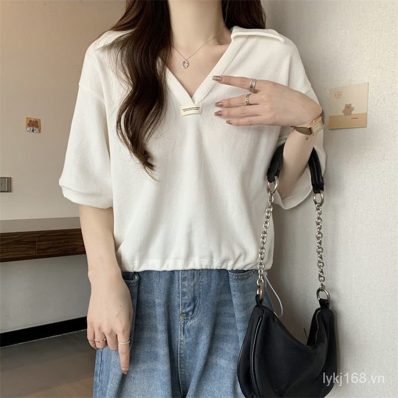 V-neck loose short sleeve women t-shirt over size ahxf