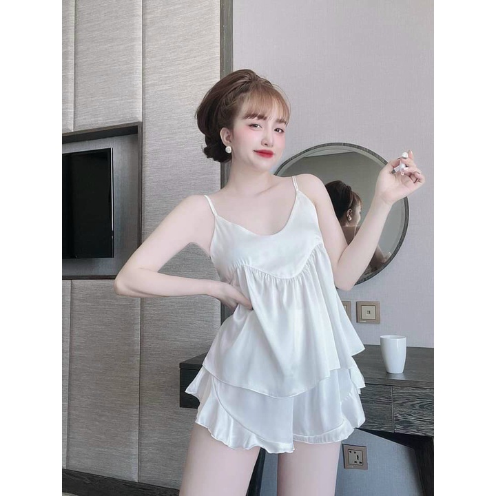 Bộ đồ ngủ nữ 2 dây dễ thương Olici quần đùi gấm 2 da phối lụa latin thoáng mát