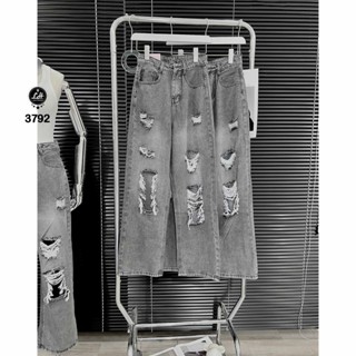 Quần jean nữ ống rộng màu xám rách te tua phá cách Lê Huy Fashion MS 3792