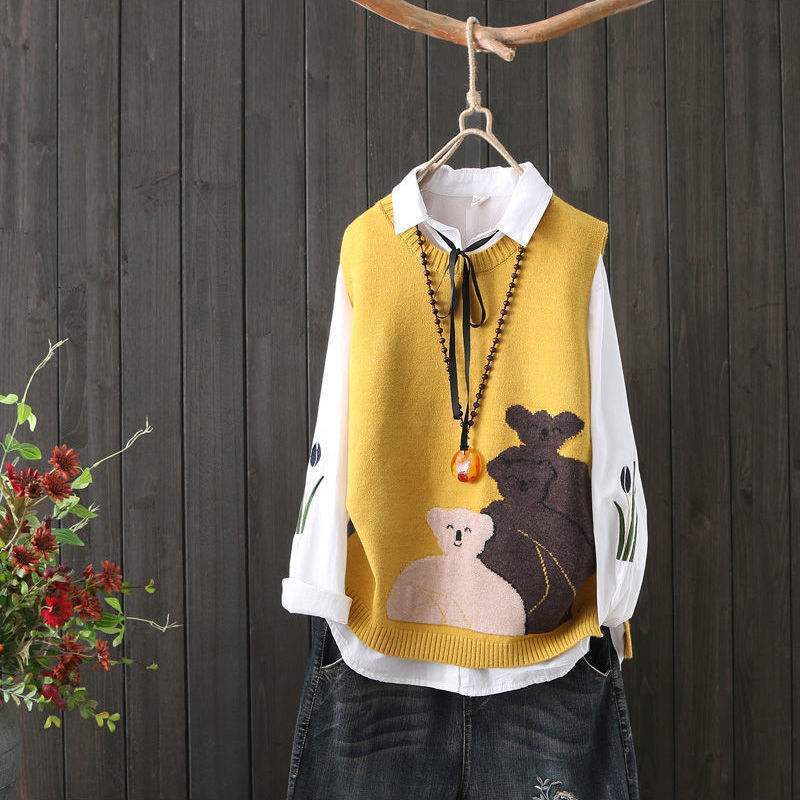 Phim hoạt hình gấu dệt kim vest phiên bản hàn quốc áo len không tay vest rời áo ghi lê