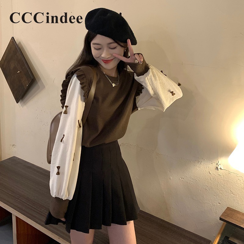 Cccindee women's 2023 thời trang mới bowknot màu tương phản lỏng vừa vặn sai hai mảnh áo len dài tay