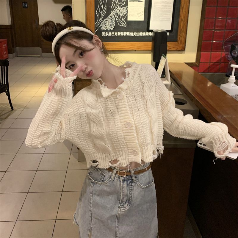 Tua plain torn cardigan edge sweet korean knit cardigan