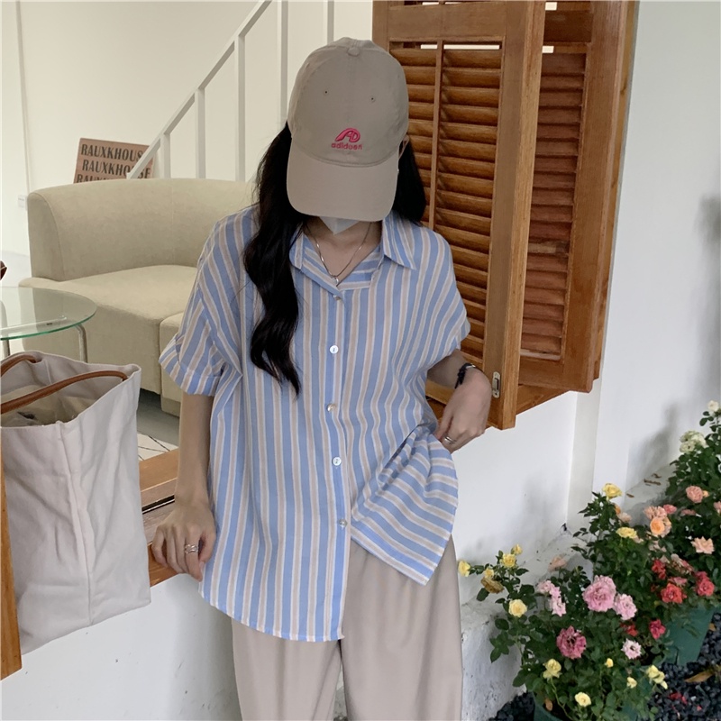 Áo Sơ Mi Tay Ngắn Dáng Rộng Hoạ Tiết Kẻ Sọc Phong Cách Hàn Quốc