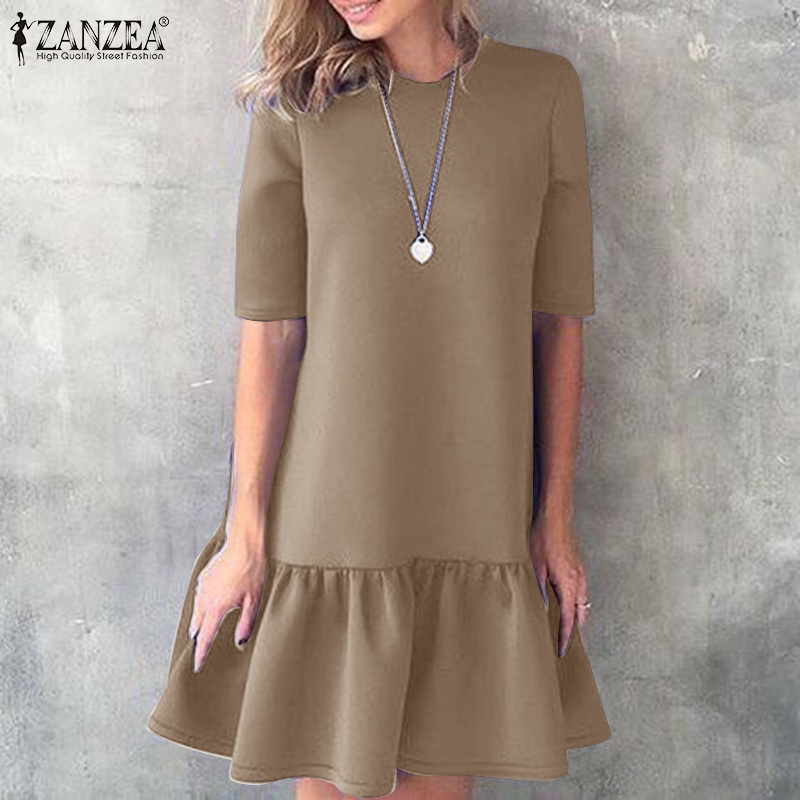 Zanzea Đầm Búp Bê Ngắn Tay Phối Bèo Thời Trang Hàn Quốc Cho Nữ