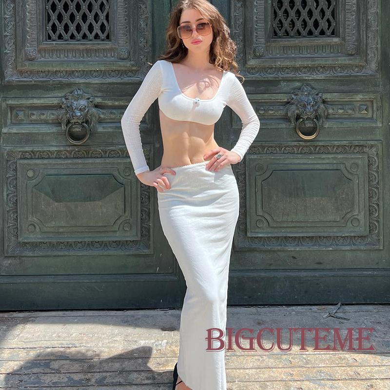 Set Đồ 2 Món Gồm Áo Dệt Kim Cổ Chữ U Tay Dài Màu Sắc Trơn Phối Chân Váy Dài Lưng Cao Thời Trang Hè Thu Cho Nữ