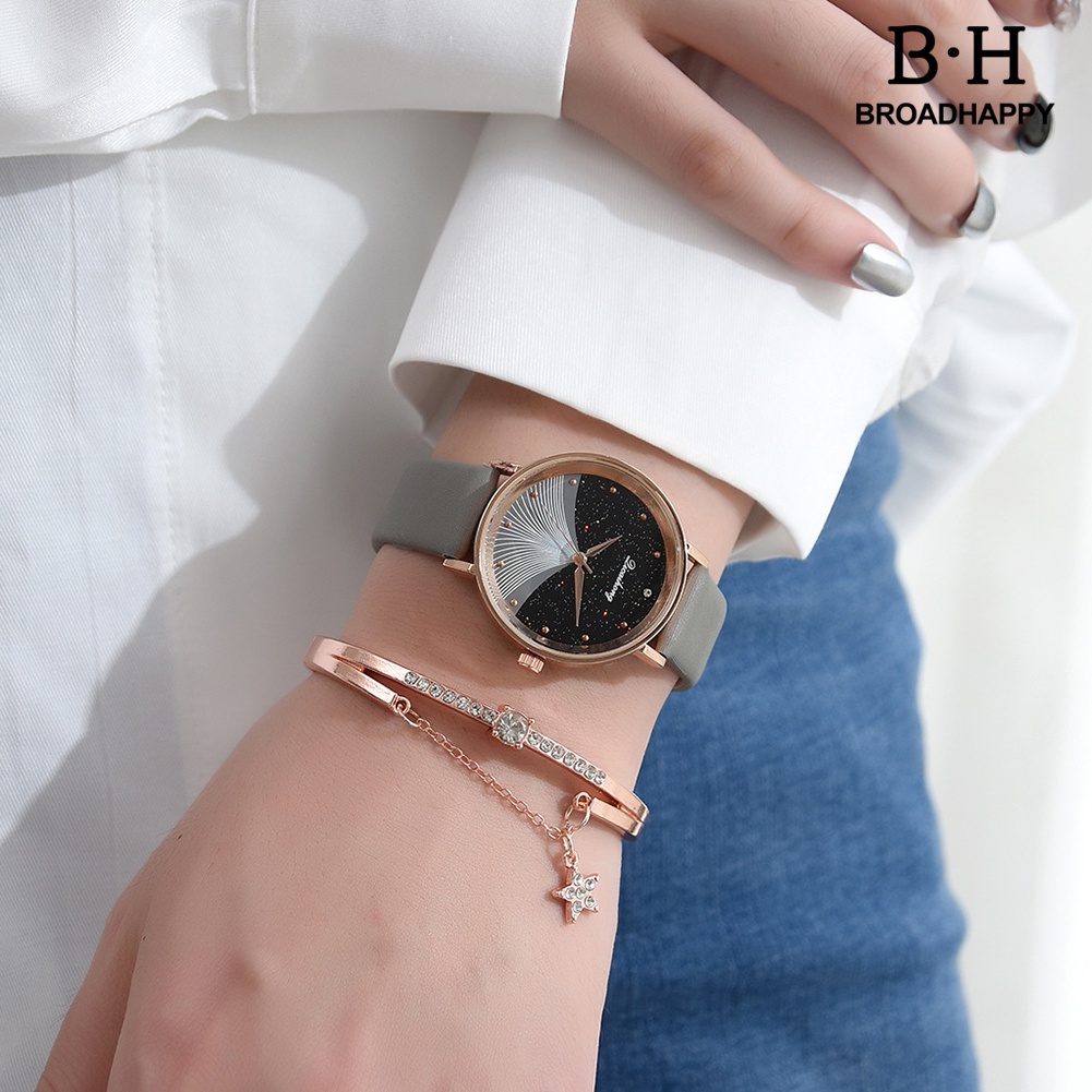 Bộ Đồng Hồ Analog Máy Quartz Mặt Tròn bh.h XR4437 Thiết Kế Ngôi Sao Lấp Lánh Cho Nữ