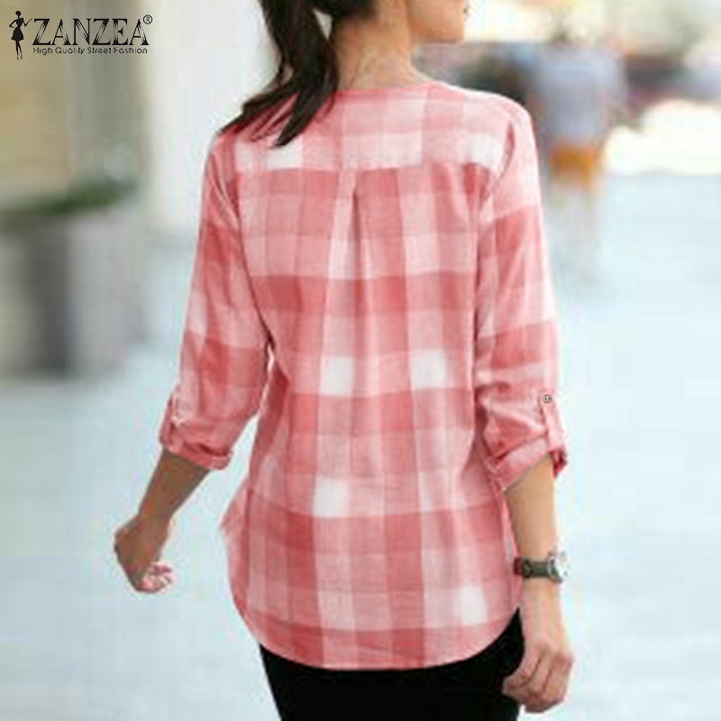 Zanzea Áo Sơ Mi Tay Dài Cổ Tròn In Họa Tiết Kẻ Ô Phong Cách Châu Âu Thời Trang Cho Nữ