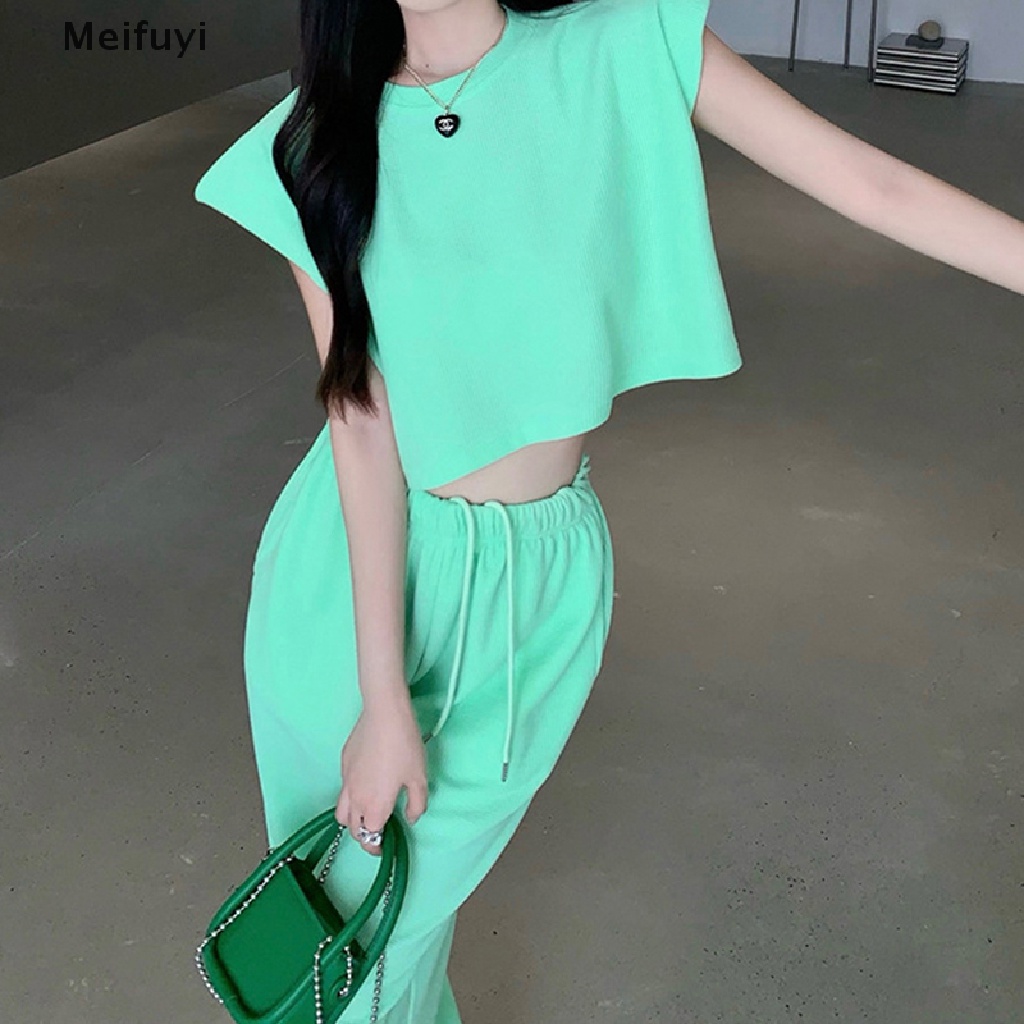 Bộ Áo Croptop Sát Nách Màu Trơn + Quần Ống Rộng Lưng Cao Thời Trang Mùa Hè Cho Nữ