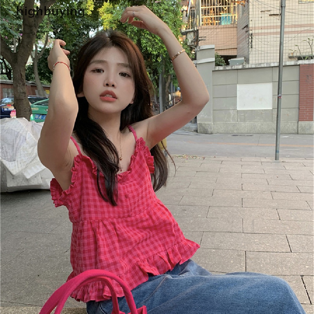 Áo Hai Dây Y2k Nhún Bèo Họa Tiết Caro Ngọt Ngào Thời Trang Đường Phố Cho Nữ