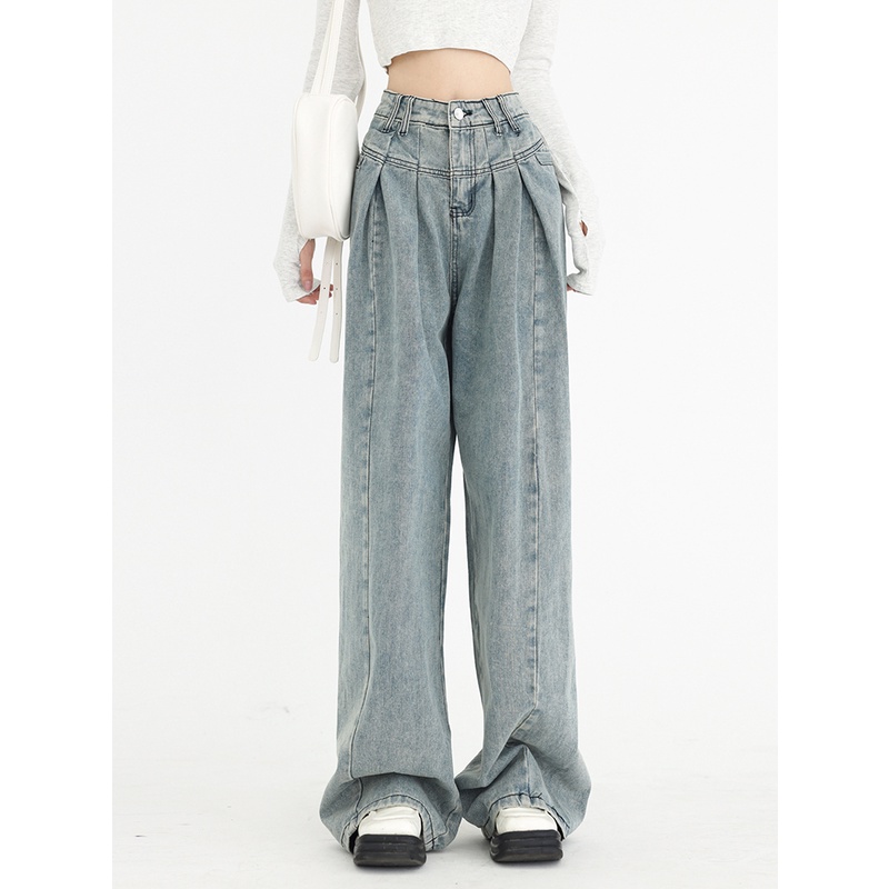 SUXI Quần Jean Ống Rộng Lưng Cao Tôn Dáng Phong Cách Vintage Hợp Thời Trang